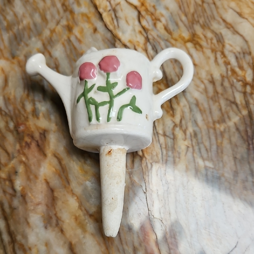 Vintage Ceramic Watering Can Plant Stake